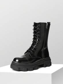 Women's Combat Boots Lace Up Mid Calf Boots Low Heel Chunky Platform Riding Boots Winter Festival Party Valentine's Day  Black Spring Boots - màu đen - Xem 1
