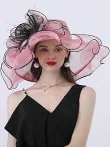 HIMESPORT 优雅的肯塔基德比新娘帽，女士欧根纱宽檐茶会鸡尾酒会小圆帽 - 純色 - 查看 7