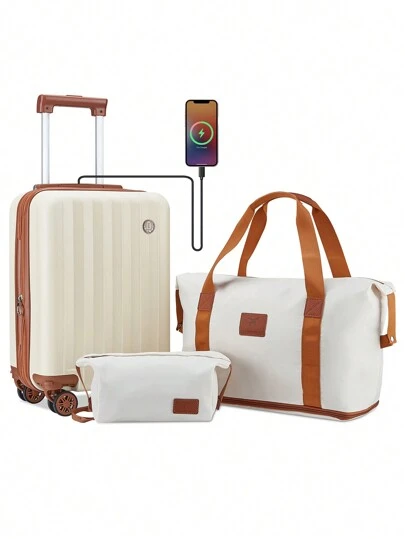 Imiomo Carry On Luggage 18 Inch Suitcases With Wheels, Expandable Carry On Suitcase With USB Port, Travel Cup Holder Hardside Luggage Set With TSA Lock, Dark Blue & Brown