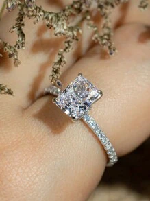 Vanel 1pc Classic Rectangle Stone Rings For Women Silvery Color Geometric Square White  Wedding Bands Engagement Ring Bridal Jewelry