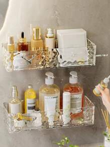 1 件浴室收纳架，带挂钩，壁挂式长方形透明水波纹设计，非常适合放置化妆品和厨房用具，有助于整理和提高角落空间利用率。家居浴室装饰，浴室收纳，秋季装饰，返校季浴室配件 - 1個裝-透明方形 - 查看 2