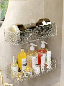 1 件浴室收纳架，带挂钩，壁挂式长方形透明水波纹设计，非常适合放置化妆品和厨房用具，有助于整理和提高角落空间利用率。家居浴室装饰，浴室收纳，秋季装饰，返校季浴室配件 - 1個裝-透明方形 - 查看 4