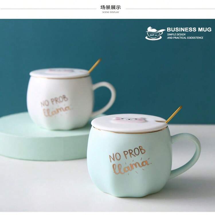 1pc Cute Llama Ceramic Mug With Pumpkin Pattern, Cartoon Mug Cup With Animal Head Relief, Fresh Style Student Mug Cup - Green - View 7