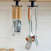 1pc 6-Hook Self-Adhesive Kitchen Hooks For 360 Degree Rotation - Perfect For Hanging Handbags, Clothes, And More - Easy To Install And Use - Black - View 2