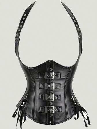 1pc Women's Halter Neck PU Leather Waist Slimming Corset Top