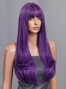 HAIRCUBE 一片式合成耐热长卷发波浪发带刘海假发金色 26 英寸全机织日常自然逼真假发 - 紫色 - 查看 2