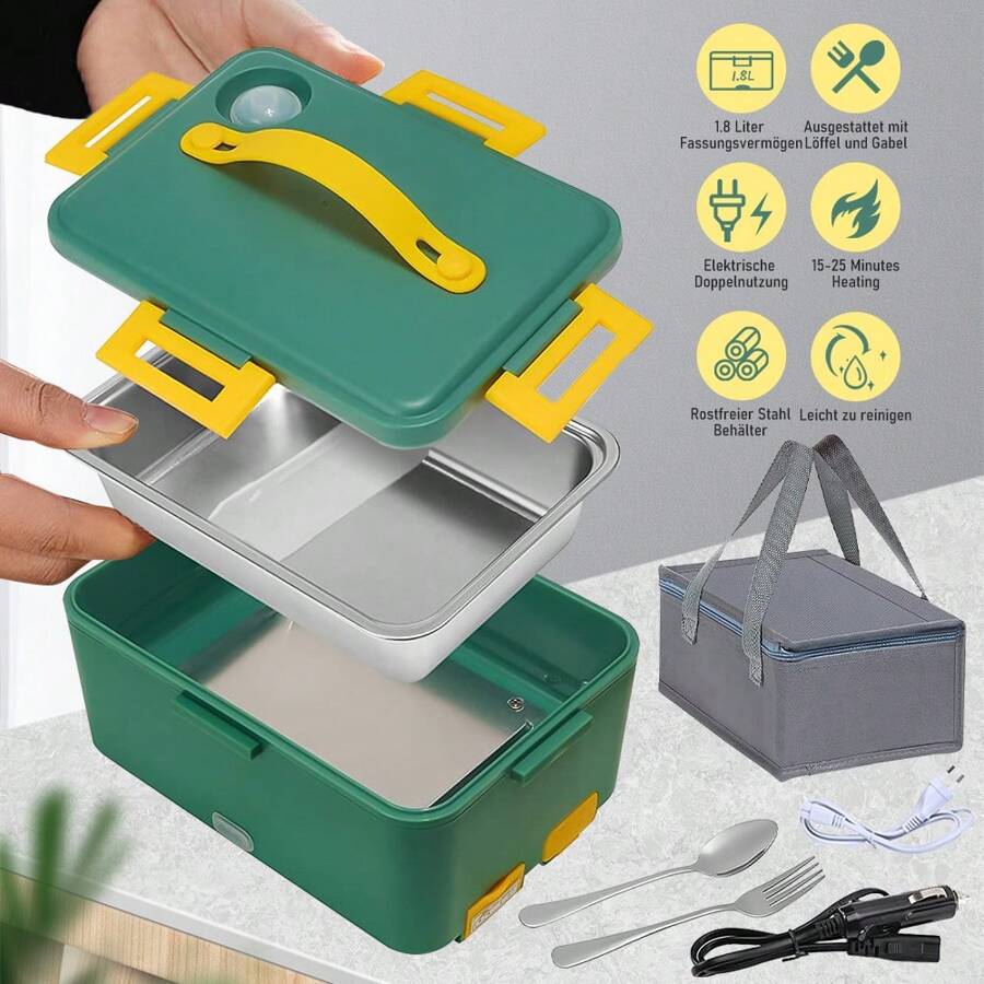 Electric Lunch Box 80W 1.8L Stainless Steel Removable Portable Lunch Box 12 V/24V/220V Heat Box Car/Truck/Office With Insulated Bag - 綠色 - 查看 1