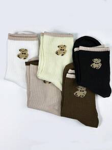 5pairs/pack Autumn And Winter Style Mid-calf Campus Style Bear Embroidery Sport Socks - Multicolor - View 3