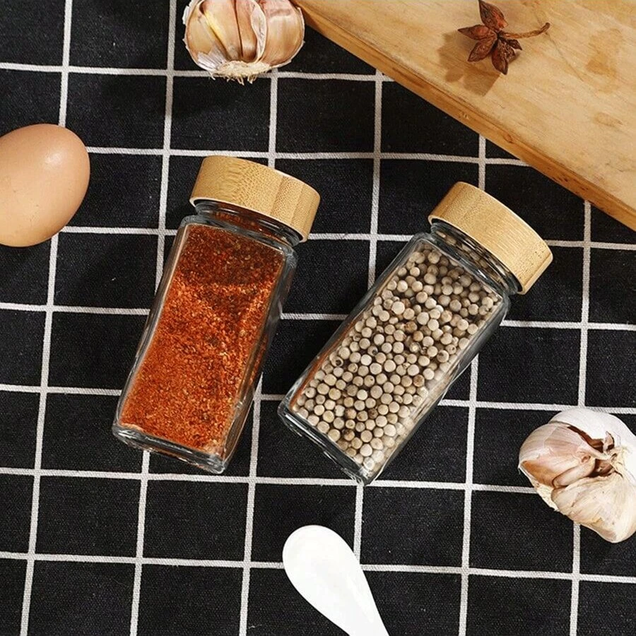 Square Seasoning Jar, Pepper Spice Bottle, 120ml Acacia Wood & Glass Condiment Container For Pepper Powder, Glass Bottle - 1 120ml Glass Bottle + 1 Bamboo Lid - View 1