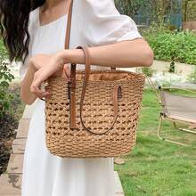 New Spring Summer Beach Bag, With Shoulder Strap And Handheld Design, Woven Style - Khaki - View 6