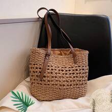 New Spring Summer Beach Bag, With Shoulder Strap And Handheld Design, Woven Style - Khaki - View 1