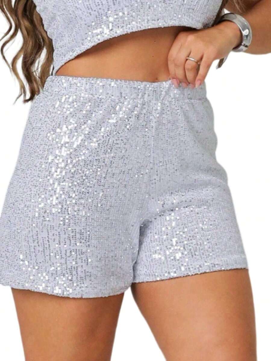 Women's Sequin Shorts With Lining And Zipper - Light - Blanco - Ver 1