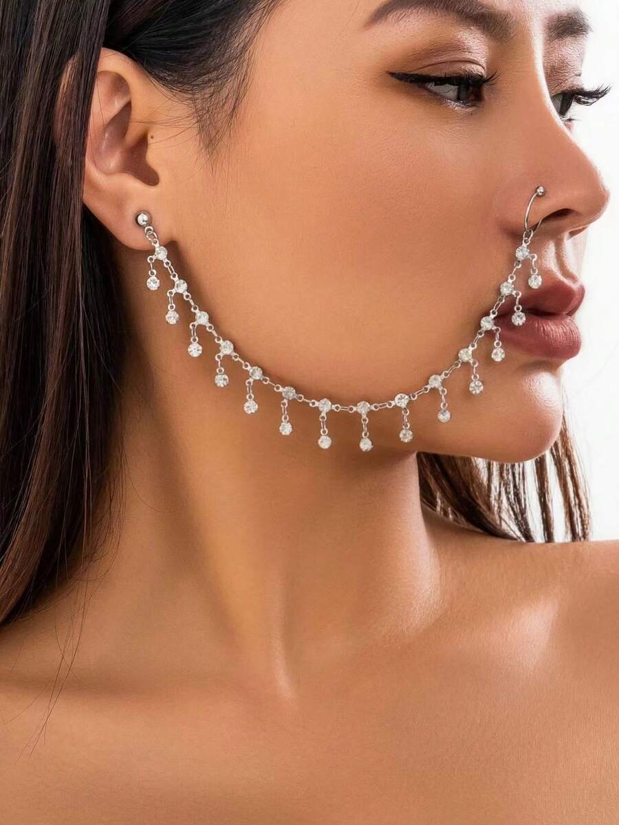 歐美風格時尚復古甜美酷感龐克耳釘,鼻夾,鍊子連接,鑲有鑽石,流蘇和鍊子,適合巴西嘉年華和度假穿著