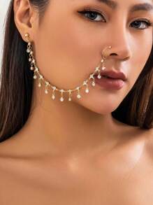 歐美風格時尚復古甜美酷感龐克耳釘,鼻夾,鍊子連接,鑲有鑽石,流蘇和鍊子,適合巴西嘉年華和度假穿著