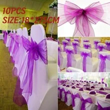 10入組淺紫色雪紡椅帶配蝴蝶結,用於婚禮、派對、宴會裝飾。diy自綁寬18cm,長275cm的蝴蝶結,適用於室內和室外活動以及各種節日。
