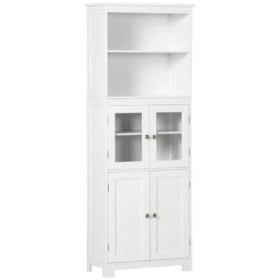 HOMCOM Freestanding Kitchen Cupboard, 4-Door Storage Cabinet With Adjustable Shelf And Glass Doors For Dining Room, Living Room, White