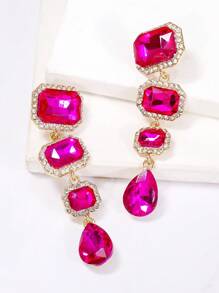 juran 1 Pair Bright Pink Diamond Encrusted Dangle Earrings, Elegant Charm Earrings For Party, Ball, Wedding - Hot Pink - View 3