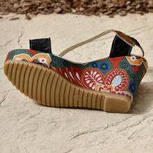 女裝大碼印花開放式魚嘴涼鞋,搭配楔形高跟、厚底和閃亮裝飾（2024年新款） - 黑色 - 查看 6