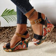 女裝大碼印花開放式魚嘴涼鞋,搭配楔形高跟、厚底和閃亮裝飾（2024年新款） - 黑色 - 查看 5