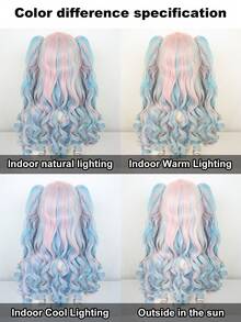 长蓝色和粉红色假发马尾辫，带自然夹子，带刘海的合成假发，长而有弹性的卷发动漫假发，卡哇伊洛丽塔假发，公主角色扮演假发，适用于动漫展万圣节派对服装假发 22 英寸双马尾假发，刘海假发，送礼的理想选择，双可拆卸马尾辫假发和 1 个假发帽（4 件套：2 个夹式马尾辫 + 1 个假发 + 1 个假发帽） - 彩色 - 查看 3