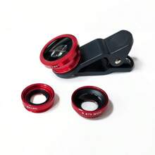 1入組3合1夾式通用手機鏡頭套件,包含180度魚眼鏡頭、廣角鏡頭和微距鏡頭,配有0.67倍和10倍放大鏡,支援iphone和android手機 - 紅色 - 查看 2