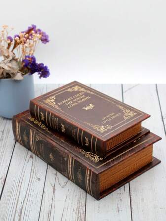 2pcs/Set Wooden Pu Leather Book Shaped Desktop Decoration With English Classic Book Cover Print Design, Storage Box, Jewelry Box, Secret Compartment For Storing Jewelry, Souvenirs, Gifts