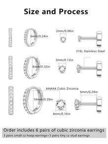 6对装小巧锆石耳钉，耳骨/耳廓/耳屏耳钉，精致不锈钢耳环套装，女士款 - 銀色 - 查看 8