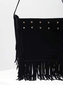 波西米亞流蘇包,復古流蘇裝飾斜挎包,時尚龐克風格鉚釘肩包,西式皮夾 - 黑色 - 查看 4