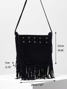 波西米亞流蘇包,復古流蘇裝飾斜挎包,時尚龐克風格鉚釘肩包,西式皮夾 - 黑色 - 查看 9