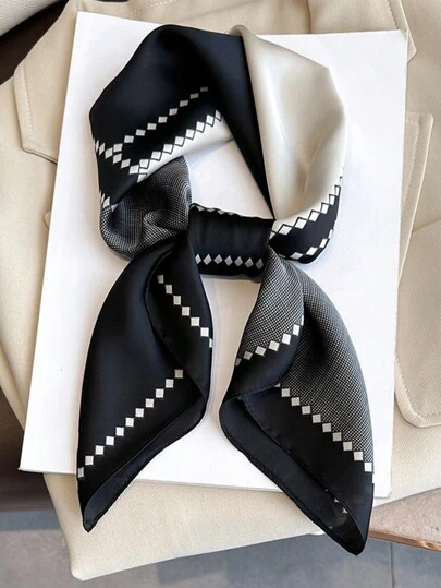 1 件女士奢华优雅时尚黑白印花春季真丝围巾适合日常佩戴和送礼，70*70 厘米配饰女士