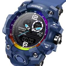 Pasnew 多功能男士風格雙顯示屏運動手錶,具有強大的防水和夜光矽膠錶帶和鬧鐘功能 - 藍色 - 查看 1