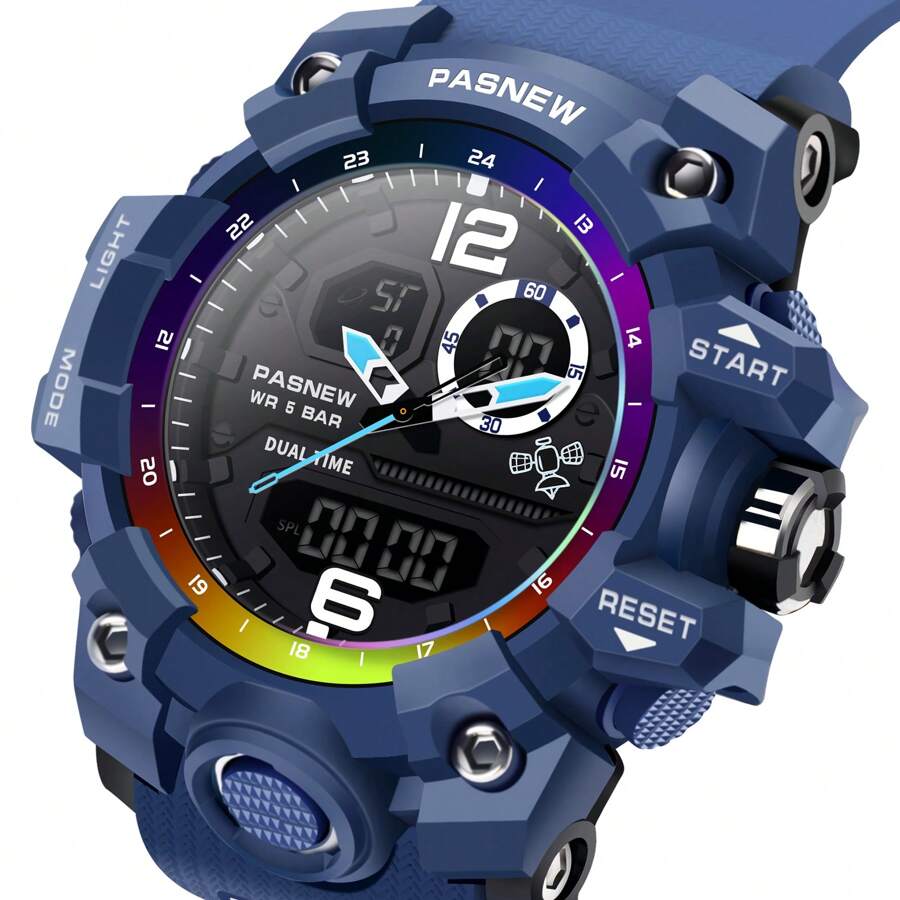 Pasnew 多功能男士風格雙顯示屏運動手錶,具有強大的防水和夜光矽膠錶帶和鬧鐘功能 - 藍色 - 查看 1