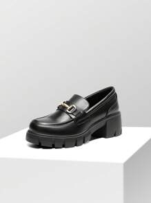 Women's Platform Loafers 2.17 Inch Chunky Heel Round Toe Slip-On Loafers, Casual Vintage Elegant Pumps Shoes - màu đen - Xem 2