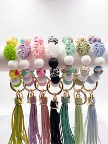 1個葉形矽膠和珠子鑰匙扣,配上pu流蘇,適用於手袋、汽車鑰匙,母親節或教師節禮物 - 彩色 - 查看 12