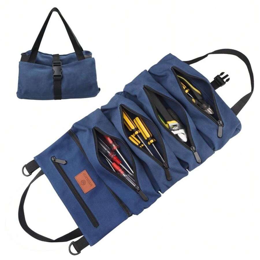 1pc Roll Up Tool Bag Multi-Purpose Tool Pouch Wrench Organizer Small Shoulder Tool Bag Hanging Zipper Carrier Tote - Navy Blue - View 1