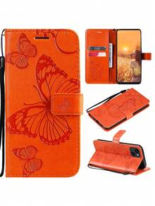 蝴蝶灰色pu皮革手機殼套,適用於iphone15/14/13/12/11promax/plus/mini/se/x/xr/xs/8和samsung A71/a51/a31/a21/a7150/a315/a715/a215/a515,女性防摔保護殼 - 橘色 - 查看 9