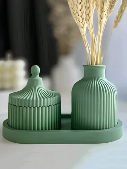 3入組diy條紋覆蓋蠟燭杯,珠寶收納盒矽膠模具,橢圓形杯墊,花盆,混凝土鑄造石膏模具,樹脂模具