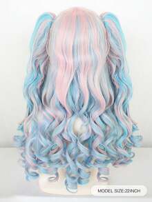 长蓝色和粉红色假发马尾辫，带自然夹子，带刘海的合成假发，长而有弹性的卷发动漫假发，卡哇伊洛丽塔假发，公主角色扮演假发，适用于动漫展万圣节派对服装假发 22 英寸双马尾假发，刘海假发，送礼的理想选择，双可拆卸马尾辫假发和 1 个假发帽（4 件套：2 个夹式马尾辫 + 1 个假发 + 1 个假发帽） - 彩色 - 查看 2