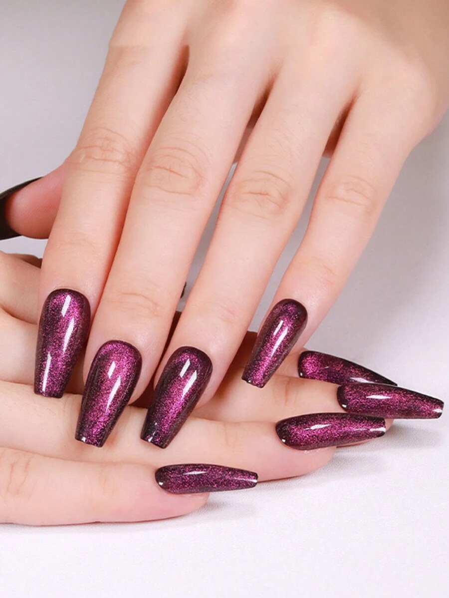 24 piezas de uñas postizas decoradas con ojo de gato en color frambuesa y morado con un diseño simple y desmontable. Suministros de uñas y decoración. - Morado - Ver 1