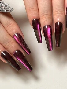 24 piezas de uñas postizas decoradas con ojo de gato en color frambuesa y morado con un diseño simple y desmontable. Suministros de uñas y decoración. - Morado - Ver 2