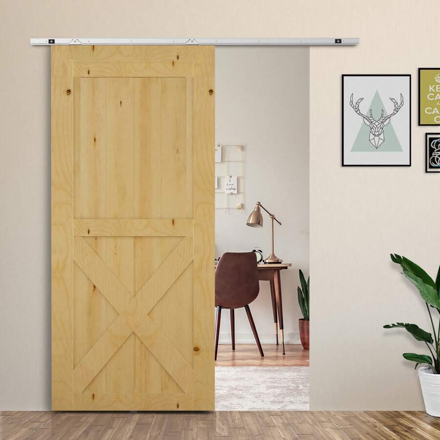 HOMCOM Herraje para Puerta Corredera 186 cm Kit de Accesorios para Puerta Corrediza de Madera con Riel de Metal y 2 Poleas Plateado - Plateado - Ver 1