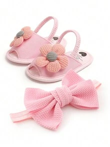 2024 粉色花朵婴幼儿凉鞋和拖鞋婴儿鞋软底防滑学习鞋2件套带发带和头饰适合春夏季 - 粉色 - 查看 2