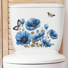 1pc Blue Watercolor Flower & Butterfly Toilet Sticker, Stickers, Wall Decal, Vinly Decal For Home Decorations, Spring Decoration Items Refresh Your Home, Festival Decoration Stickers Gifts Birthday Graduation