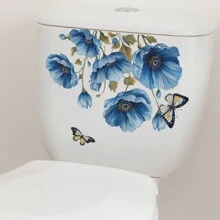 1pc Blue Watercolor Flower & Butterfly Toilet Sticker, Stickers, Wall Decal, Vinly Decal For Home Decorations, Spring Decoration Items Refresh Your Home, Festival Decoration Stickers Gifts Birthday Graduation