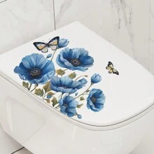 1pc Blue Watercolor Flower & Butterfly Toilet Sticker, Stickers, Wall Decal, Vinly Decal For Home Decorations, Spring Decoration Items Refresh Your Home, Festival Decoration Stickers Gifts Birthday Graduation