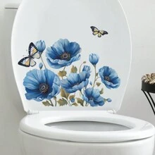 1pc Blue Watercolor Flower & Butterfly Toilet Sticker, Stickers, Wall Decal, Vinly Decal For Home Decorations, Spring Decoration Items Refresh Your Home, Festival Decoration Stickers Gifts Birthday Graduation