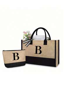 1 套，带化妆包的首字母黄麻/帆布手提包，个性化礼品包，手拿包，带围巾，旅行简易储物包，化妆包，旅行化妆包：非常适合随时随地美容！适合婚礼、海滩、度假，是一份很棒的礼物，妈妈、老师、朋友、包、送给老师的礼物，适合少女、女大学生，非常适合办公室、大学、中学、高中、工作、商务、通勤、体育场、运动、购物、度假，教师节永远最好的教师礼物，最好的教师欣赏礼物 - 卡其色 - 查看 18