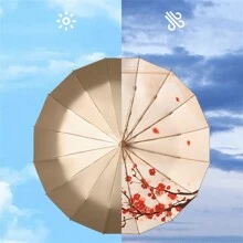 1 Miếng Retro 16 Xương sườn Thủ công Gấp lại Ô dù Trời nắng Mưa Sử dụng Kép Chống gió Bảo vệ tia cực tím Tấm che nắng Ô - Đỏ - Xem 3