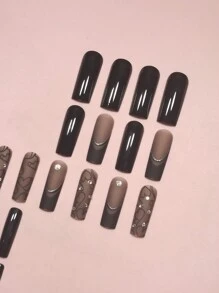 Transform Your Nails With 24pcs Long Coffin Y2K Style Black Goth Heart Pattern&Frosting Glitter Bling Rhinestone Decor Full Cover Nail Kit For Women And Girl Press On Nails Nail Supplies - Multicolor - View 4