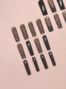 Transform Your Nails With 24pcs Long Coffin Y2K Style Black Goth Heart Pattern&Frosting Glitter Bling Rhinestone Decor Full Cover Nail Kit For Women And Girl Press On Nails Nail Supplies - Multicolor - View 3